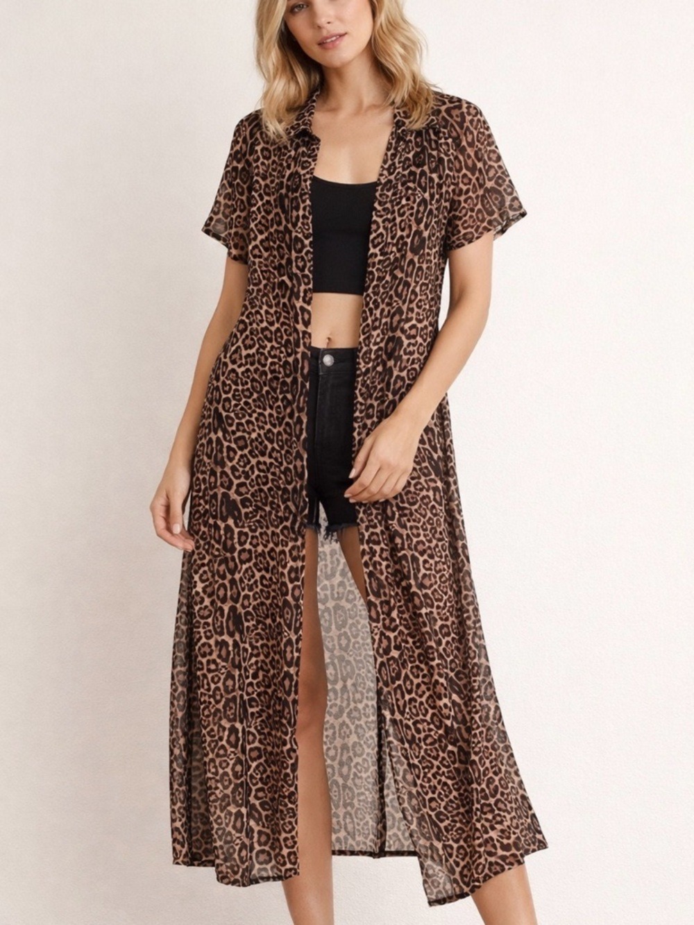 Ember Anthropologie nwt Leopard Print Sheer Duster Kimono maxi wrap dress medium
